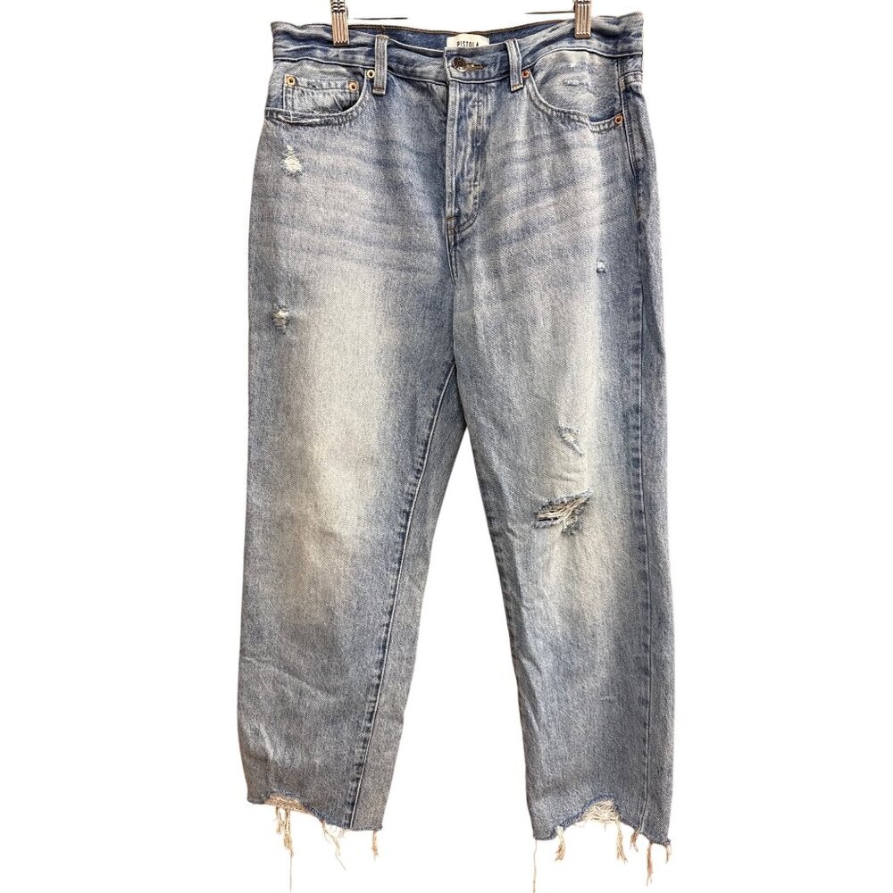Pistola Distressed High-Rise Straight-Leg Jeans Size 30 Light Wash Frayed Hem - Picture 1 of 8